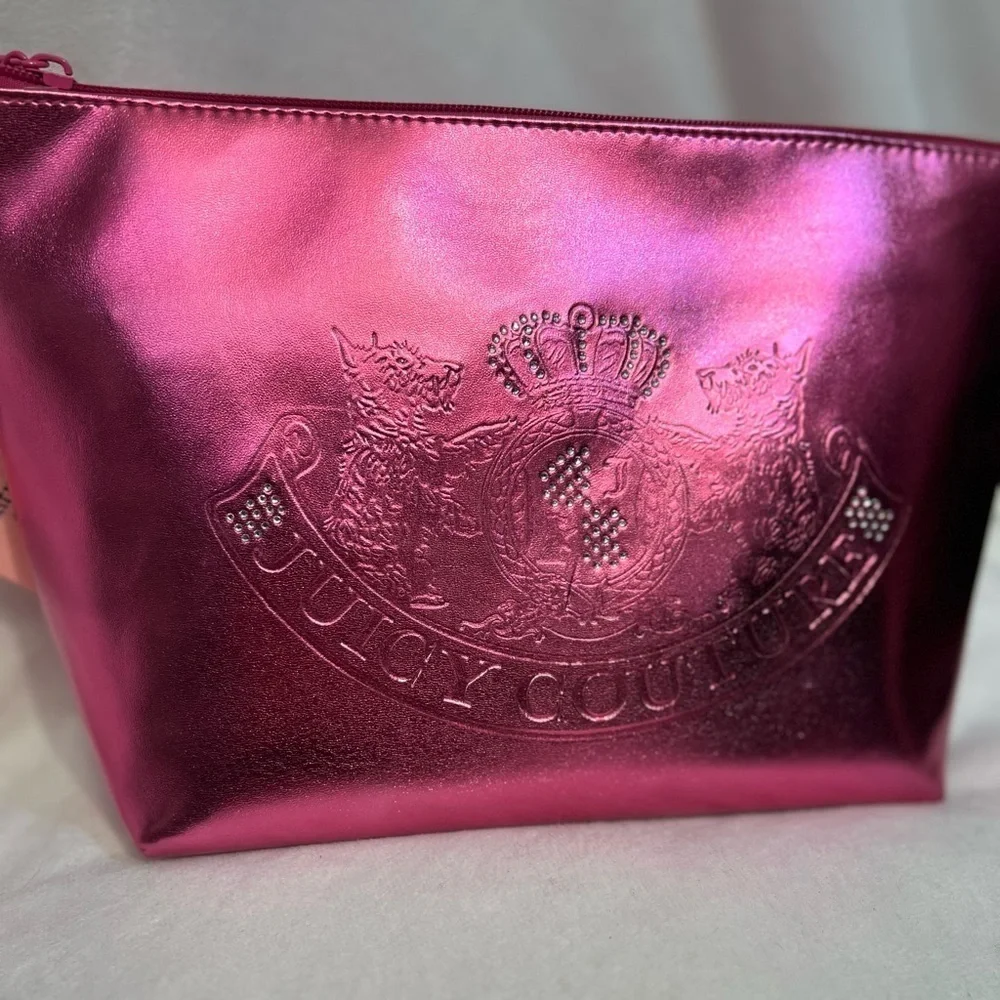 👑 🩷Juicy Couture  Pink Metallic Cosmetic Bag AND EMPTY TOILETRY BOTTLE 🩷NWT